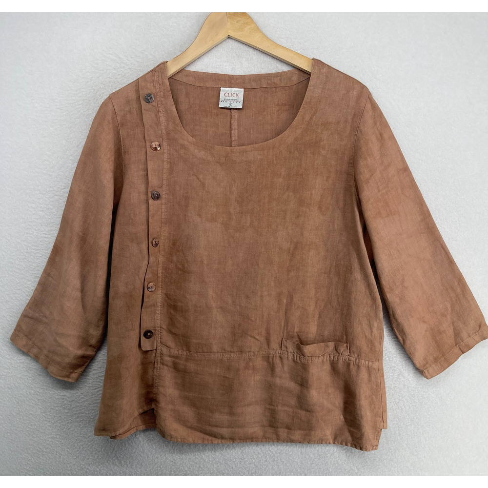 CLICK BY COLOR ME COTTON Top L Cotton Lagenlook Button 3/4 Sleeve Terracotta USA
